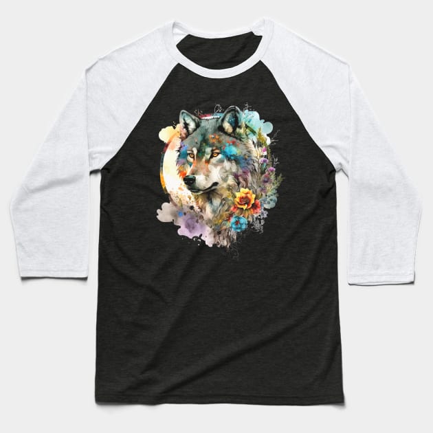 Vibrant Wolf Baseball T-Shirt by LylaLace Studio